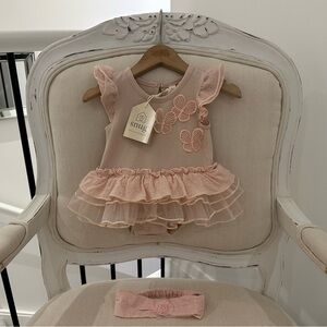 🩰 0~3 Mth Pink Tulle Ruffled Baby Dress with Matching Headband NWT